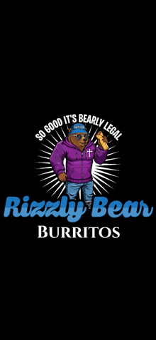 a logo for grizzly bear burritos with a bear in a purple jacket holding a burrito