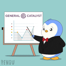 a penguin in a suit stands in front of a white board that says general g catalyst