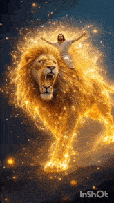 jesus is riding on the back of a lion in a painting .