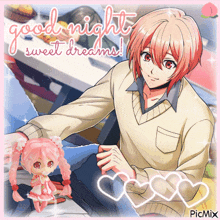 a good night sweet dreams greeting card with a man and a doll