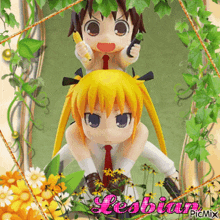 a picture of two anime dolls with the word lesbian in pink