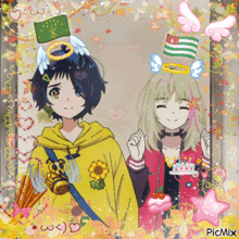 a picture of a girl with a bee on her shoulder and a girl with a cake and a flag on her head