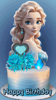 a cake with a picture of elsa and the words happy birthday on it