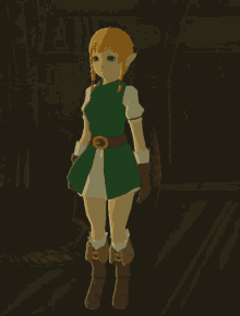 a video game character is wearing a green vest and brown boots