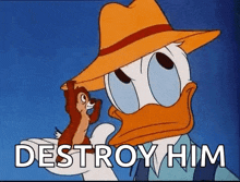 donald duck is wearing a hat and holding a chipmunk .