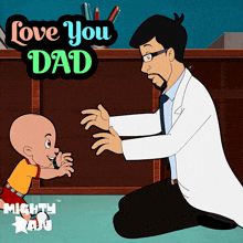 a cartoon of a man kneeling down next to a baby with the words love you dad above them