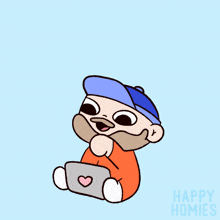a cartoon of a man with a beard sitting on a laptop with the words " good morning " above him