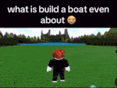a person in a video game is standing in a field with the words what is build a boat even about .