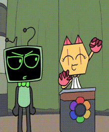 two cartoon characters are standing next to each other in front of a green curtain .