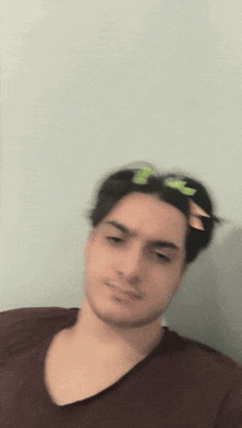 a blurry picture of a man with leaves in his hair .
