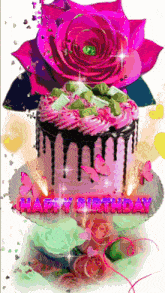 a birthday cake with a pink rose and butterflies on it