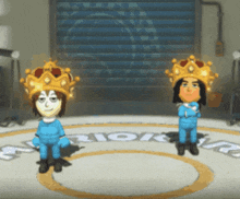 two cartoon characters wearing crowns standing in front of a sign that says mariokart