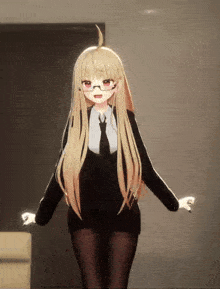 a girl with long blonde hair is wearing glasses and a suit and tie