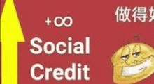 a red background with a yellow arrow pointing up and the words social credit written on it .