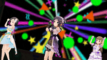 three anime girls are dancing in front of a colorful backdrop