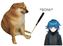 a dog with a baseball bat next to a girl with blue hair
