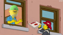 a man in a fireman 's hat is holding a box of pizza