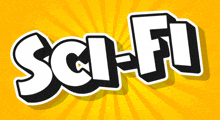 a yellow background with the word sci-fi in black letters