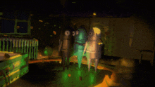 three cartoon characters standing in a dark room