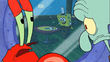 spongebob and squidward from spongebob squarepants are looking through a window