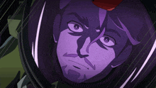 a close up of a cartoon character 's face with a purple helmet