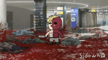 a cartoon drawing of a man holding a knife in a bloody room with a sign that says in on it