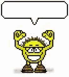 a pixel art of a yellow monster with a speech bubble that says `` yeah , baby ! ''