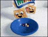 a blue bowl of cereal with a picture of a man in it