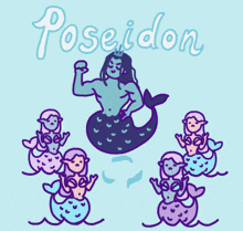 an illustration of poseidon surrounded by mermaids and dolphins