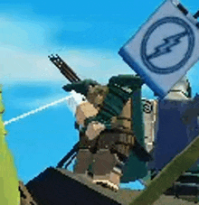 a video game character is holding a sword and shield while standing next to a flag .