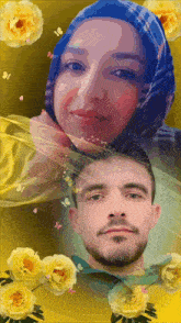 a man and a woman are surrounded by yellow roses