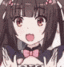 a close up of a brown haired anime girl with pigtails and a bow tie .