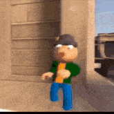 a cartoon character in a green jacket and blue jeans is standing next to a wall .