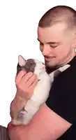 a man in a black shirt is holding a white and gray cat