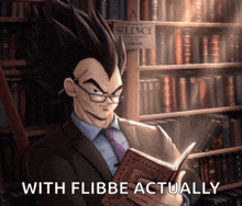 a picture of a man reading a book in a library with the words with flibbe actually below him