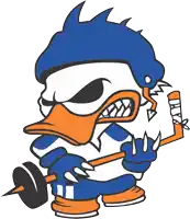 a cartoon of a duck holding a hockey stick and a hockey puck