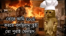 a cat wearing a chef 's hat is standing in front of a kitchen that is on fire .