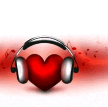 a red heart with headphones on it is surrounded by musical notes .