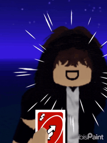 a drawing of a person holding a uno card with the letter s on it