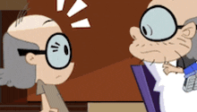 two cartoon characters are talking to each other and one has glasses on .