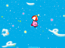 kirby is flying through the air with an umbrella in his hand