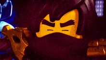 a close up of a ninjago character 's face with a purple background