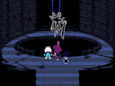 a group of people are standing in front of a blue waterfall in a pixel art video game .