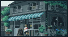 a pixel art of a woman sitting at a table outside of a store