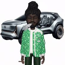 a man in a green jacket is smoking a cigarette in front of a car