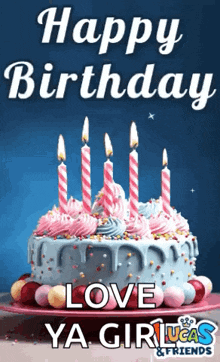 a birthday cake with pink and blue frosting and candles .