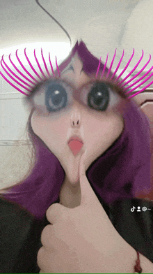 a woman with purple hair and pink eyelashes is giving a thumbs up sign