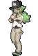 a pixel art drawing of a man with green hair and a hat standing with his arms outstretched .