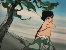 a cartoon of a shirtless boy with a sword in his hand