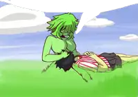 a cartoon of a man and a green monster laying on the grass